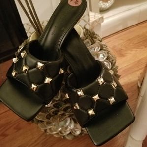 New! Quilted Black and gold studded detail mule style heel.